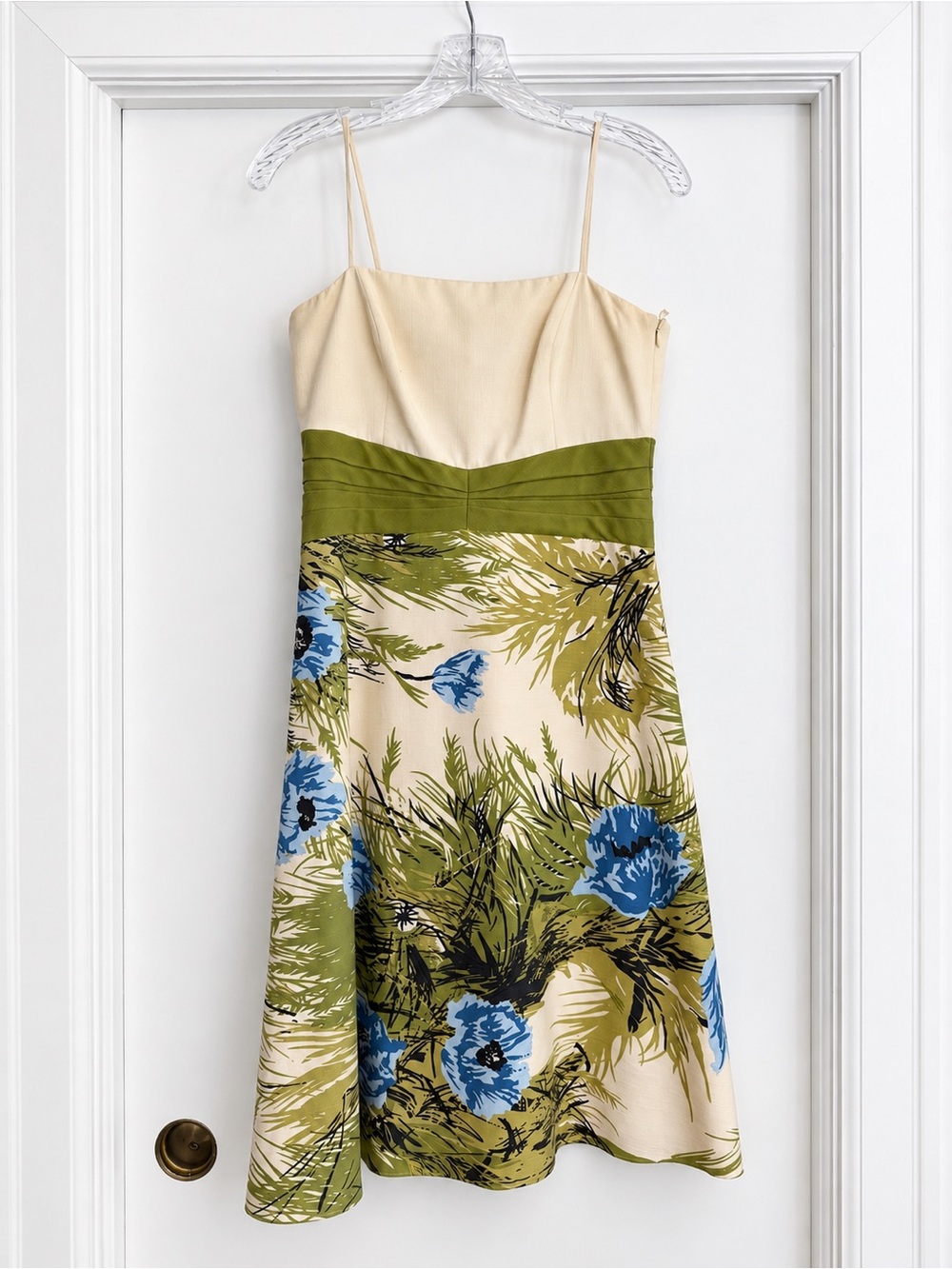 Ann Taylor Cream, Olive & Blue Floral Spaghetti-Strap Mini Dress, Size 2